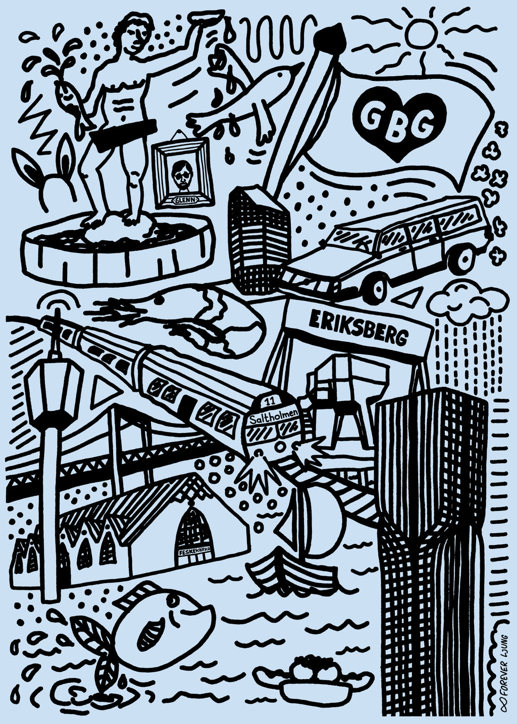 Göteborgs-doodles poster, blå/vit