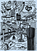 Göteborgs-doodles poster, blå/vit