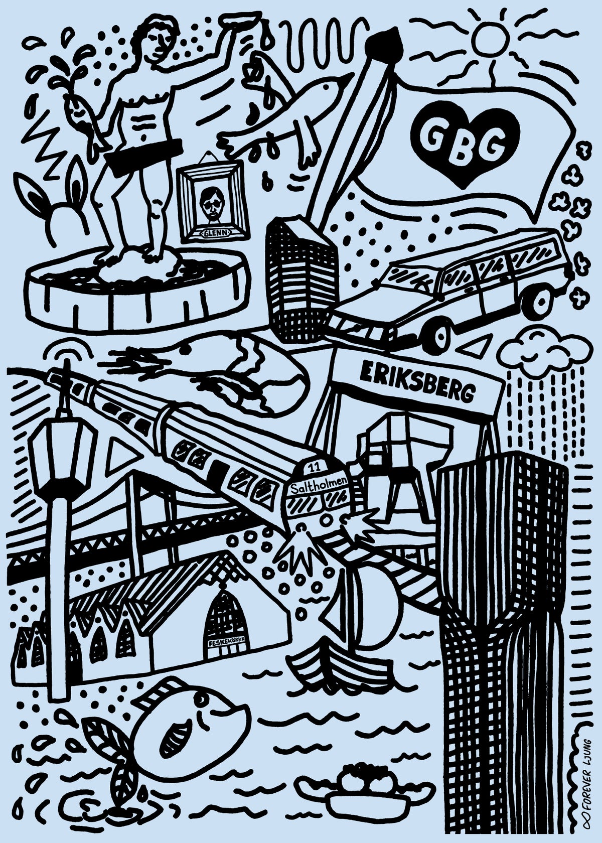 Göteborgs-doodles poster, blå/vit