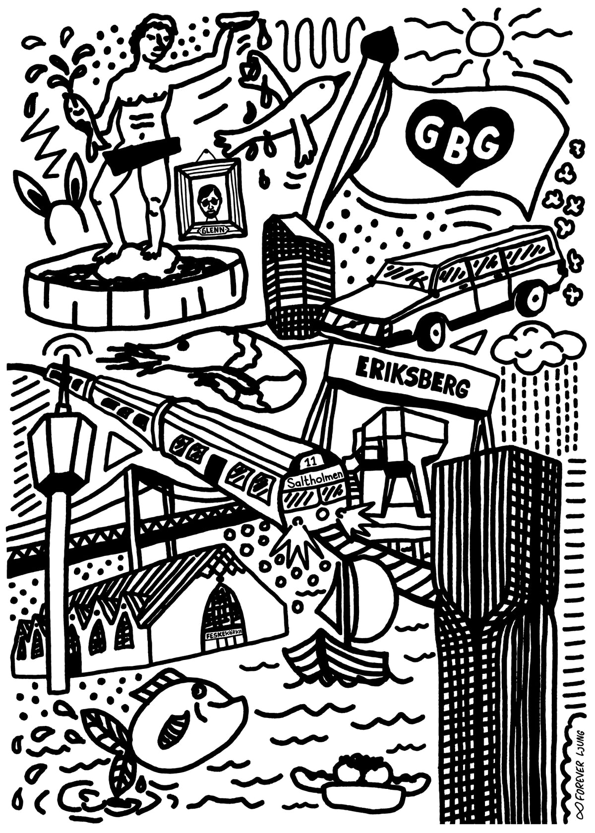 Göteborgs-doodles poster, blå/vit