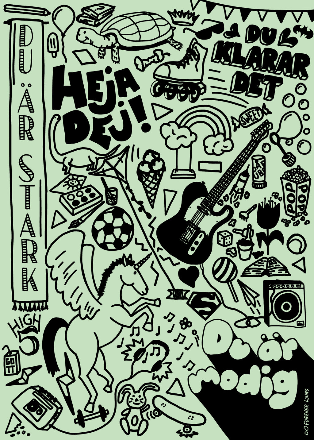 Kids-doodles poster, grön/rosa