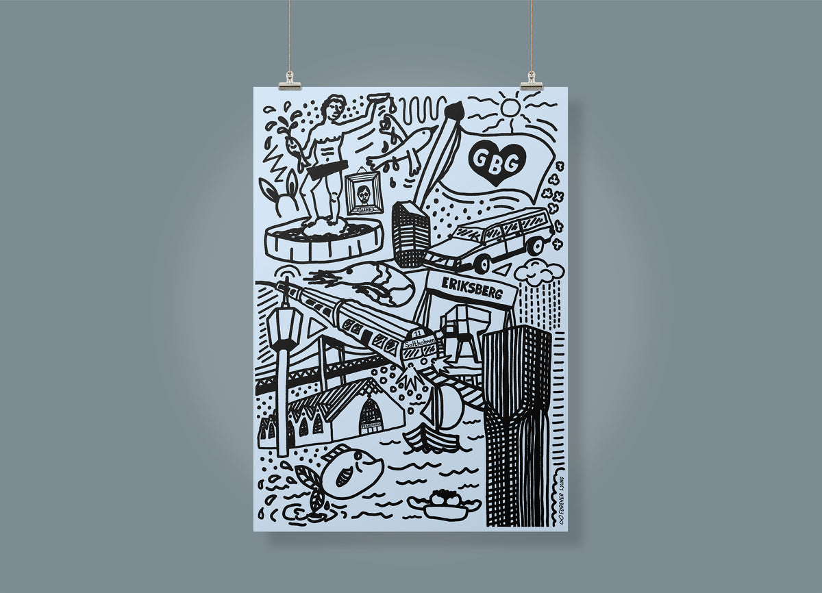 Göteborgs-doodles poster, blå/vit