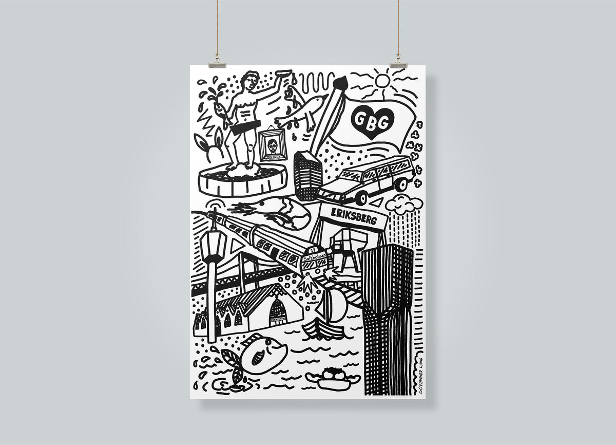 Göteborgs-doodles poster, blå/vit
