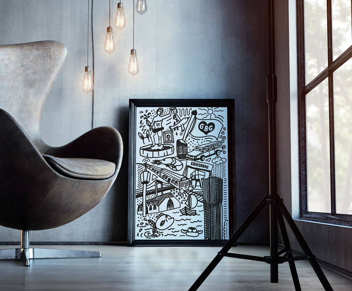Göteborgs-doodles poster, blå/vit