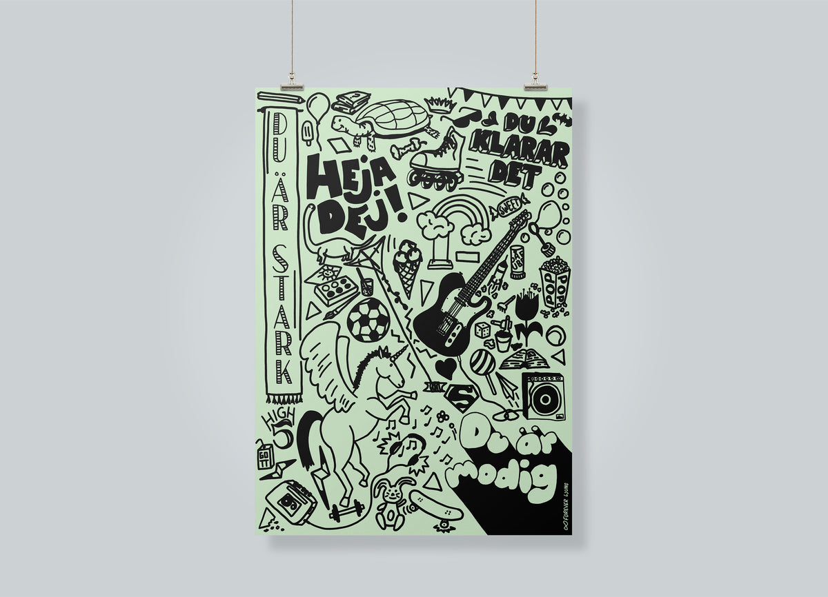 Kids-doodles poster, grön/rosa