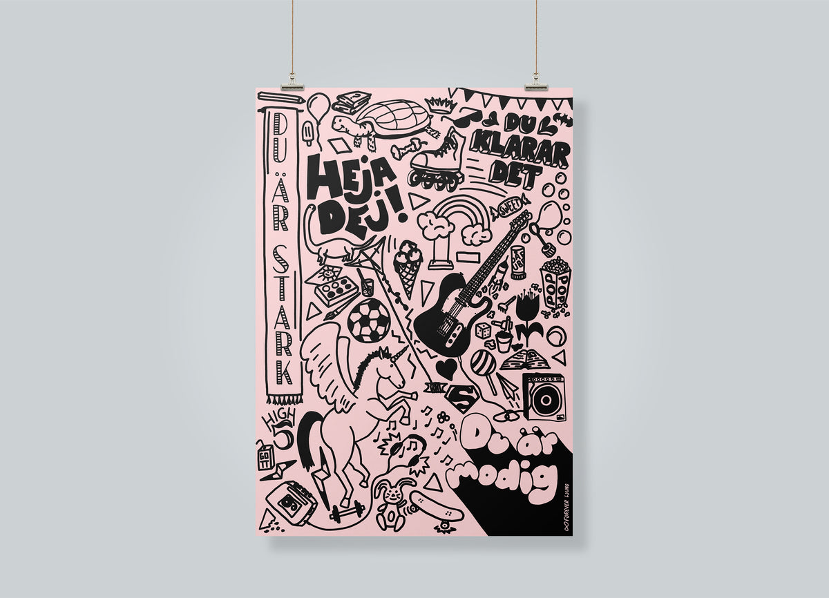 Kids-doodles poster, grön/rosa